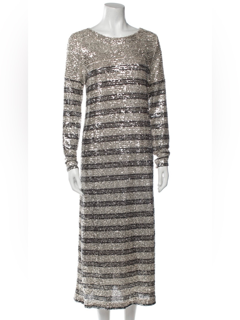 In The Mood For Love - Striped Sequin Long Sleeve Maxi Dress - Silver/Black